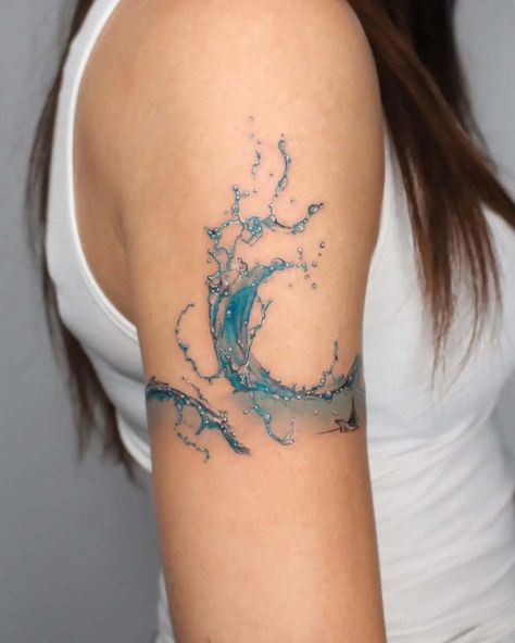 50 Beach Tattoo Ideas: Inspiring Designs for Ocean Lovers Womans Full Sleeve Tattoo, Wrist Watercolor Tattoo, Water Themed Tattoos For Women, Whale Sleeve Tattoo, Shoulder Wave Tattoo, Women Leg Tattoo Ideas Small, Sea Turtle Tattoo Color, Beach Foot Tattoo, Light Tattoos For Women