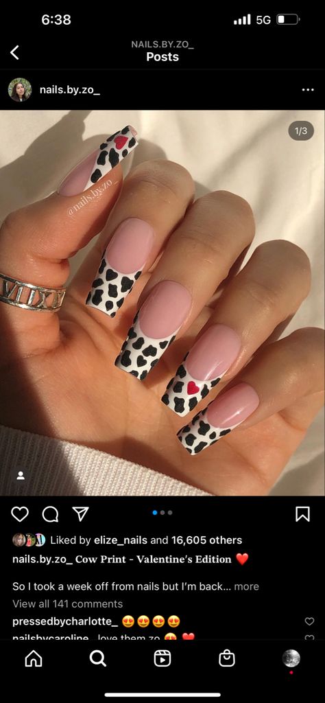 Cowgirl Valentine Nails, Red And Black Cow Print Nails, Heart Cow Print Nails, Valentines Nails Western, Valentines Cow Print Nails, Chrome Cow Print Nails, Cow Valentines Nails, Western Valentines Day Nails, Cow Print Valentine Nails