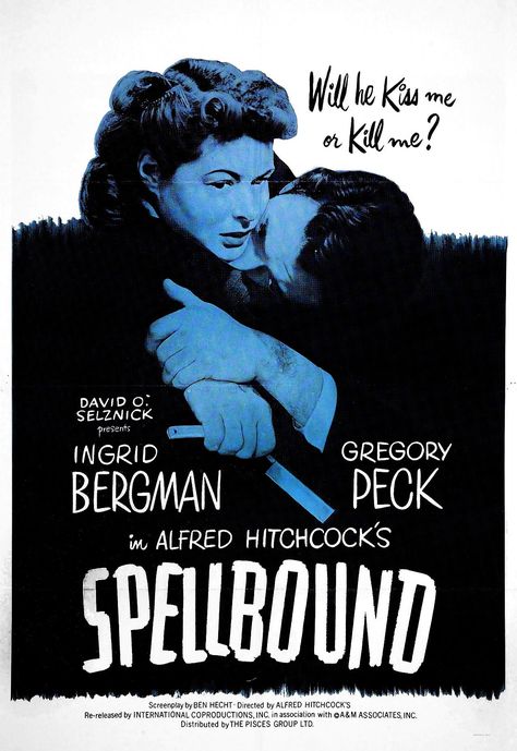 Spellbound (1945) - Alfred Hitchcock Spellbound 1945, Hitchcock Film, Alfred Hitchcock Movies, Superman Movies, Mental Hospital, Ingrid Bergman, Alfred Hitchcock, Film Posters, Movie Night