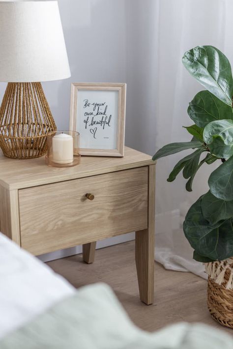 Are you looking for a stylish and practical bedside table to keep your devices charged and ready for the next day? Look no further than the Thijmen with USB Charging Port - Oiled Oak. This modern and minimalist bedside table features a spacious drawer for storing your essentials, a smooth top surface for placing your lamp, books, or alarm clock, and a built-in USB and USB-C charging port for conveniently powering your phone, tablet, or laptop. The oiled oak finish adds a warm and natural touch t Nightstand Decor Minimalist, Night Table Decor, Minimalist Bedside Table, Bedside Table Styling, Simple Bedside Tables, Bedside Stands, Bedside Table Decor, Bedside Table Set, Nightstand Decor