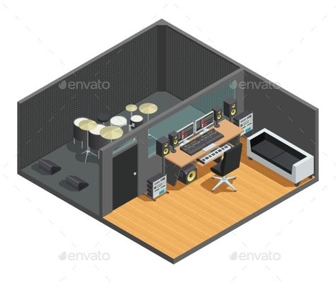 Isometric Interior, Studio Music Room, Studio Room Design, Drums Studio, Music Room Design, Home Recording Studio Setup, Studio Floor Plans, Drum Room, Home Music Rooms