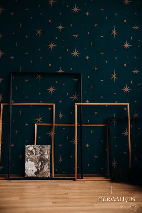 Gold Night Sky Dark Celestial Wallpaper, Stars Cosmic Wall Decor, Peel and Stick Cosmic Wall Art 92 - Etsy Sweden Organisation, Tiny Cottages, Magical Ceiling, Celestial Bathroom, Art Deco Living Room Ideas, Dark Celestial, Celestial Wallpaper, Wallpaper Stars, Celestial Pattern