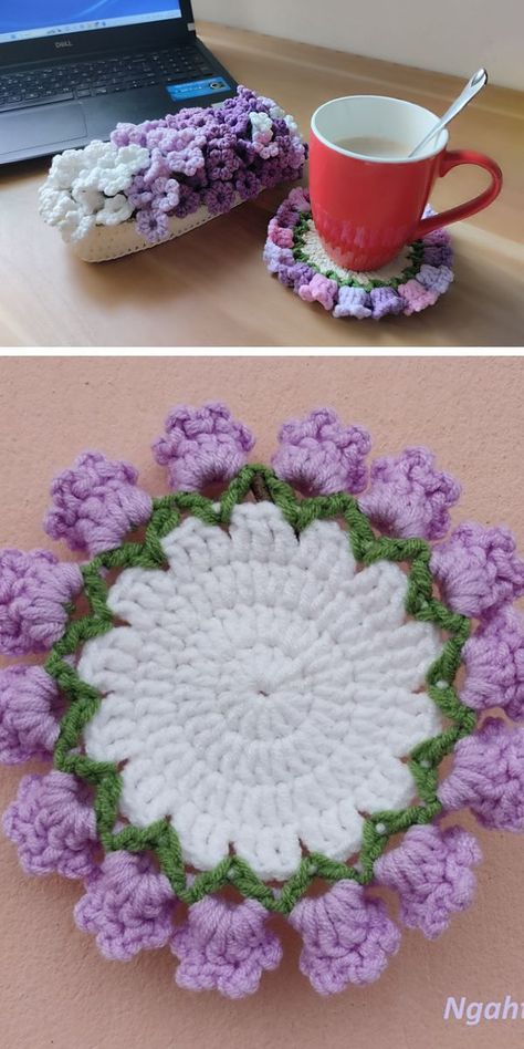 Floral Crochet Coasters, Floral Coaster Crochet, Crotchet Ideas Projects Crafts, Flower Pot Coaster Crochet Pattern, Flower Bouquet Crochet Coasters, Crochet Coaster Bouquet, Tulip Coaster Crochet Pattern Free, Flower Bouquet Coaster Crochet, Crochet Flowers Coaster