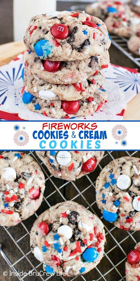 Baked Good For Bake Sale, Cookout Snack Ideas, Fireworks Cookies, Memorial Day Ideas, Summer Cookie Recipes, Cookies And Cream Cookies, Treat Maker, Memorial Day Desserts, 4th July Food