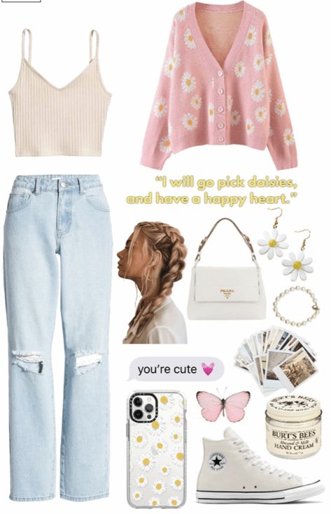 Flowery Aesthetics Outfit, Aesthetic Outfits Board, Soft Pink Outfit Ideas, Daisy Aesthetic Outfit, Different Aesthetics Outfits For School, Cute Flowery Outfits, Pastel Feminine Outfits, Flowery Outfits Casual, Pastel Pink Clothes Aesthetic