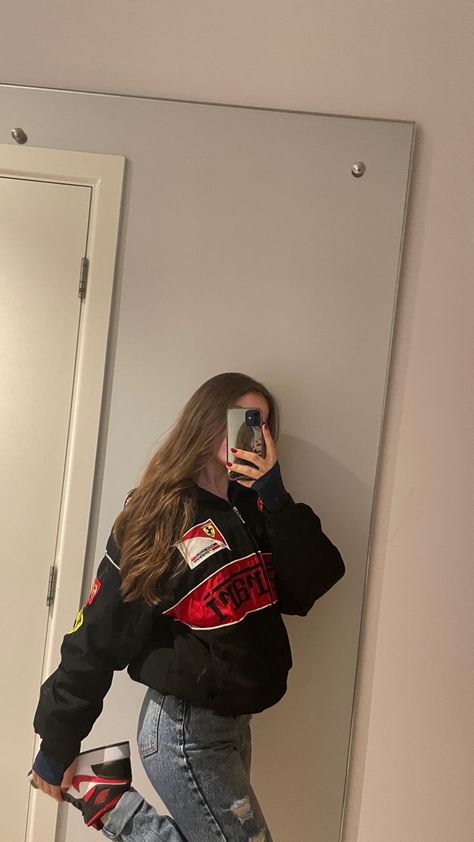 Red Ferrari Jacket Outfit, Red And Black Hoodie Outfit, Outfits With Ferrari Jacket, Red And Black Jordans Outfit, Ferrari Inspired Outfit, F1 Ferrari Jacket, Jordan Red Outfits, Ferrari Girl Outfit, Black And Red Jordan 1s Outfit