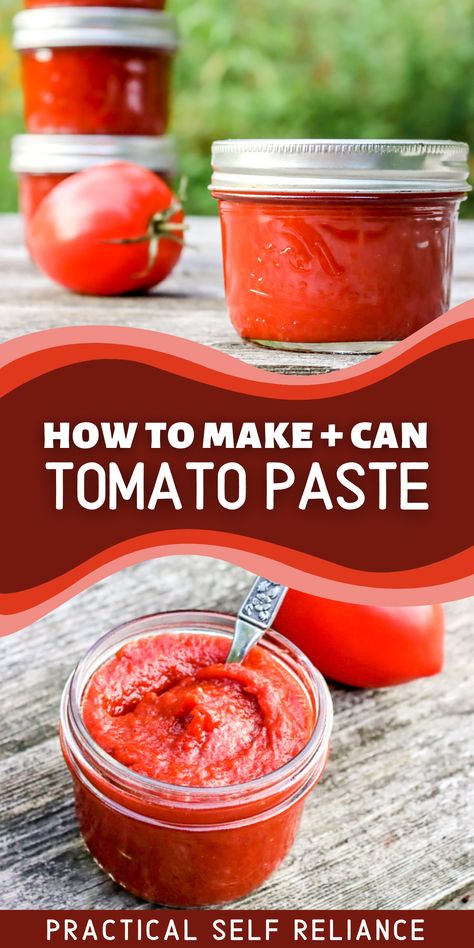 A mason jar full of homemade tomato paste that has been canned in a boiling water bath canner. An open mason jar of tomato paste with a spoon siting on a wooden table outside. Canning Tomato Sauce Recipe, How To Make Tomato Paste From Tomatoes, Canning How To Step By Step, Ball Tomato Sauce Canning Recipe, Diy Canned Tomatoes, Vegetable Canning Ideas, Canning Petite Diced Tomatoes, Tomato Paste From Skins, Canning Tomatoes Recipes Ideas