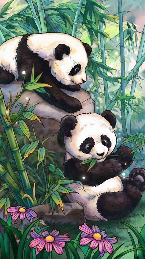 Two Pandas Drawing, Wild Animals Drawing Sketch, Senary Drawing Painting, Senary Painting Art, Zoo Illustration, Cute Panda Drawing, Panda Painting, Panda Drawing, Panda Wallpaper