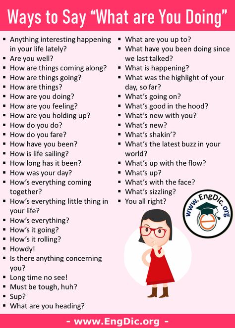 The post ‘What Are You Doing’ in Different Ways – Ways to Say ‘What Are You Doing’ appeared first on EngDic. How To Say What Are You Doing In Different Ways, Other Ways To Ask How Are You Feeling, What You Doing Replies, Different Ways To Say How Are You, Different Ways To Say Hey In Text, Replies For What's Up, Different Ways To Ask How Are You, How To Say How Are You In Different Ways, Other Ways To Say How Was Your Day