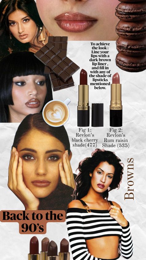 Back to the 90’s a magazine inspo 90s Lipstick Shades, Revlon Lipstick Shades, 90s Lipstick, Black Cherry Lipstick, Dark Brown Lipstick, Revlon Lipstick, 90s Makeup, Rum Raisin, Pretty Makeup Looks