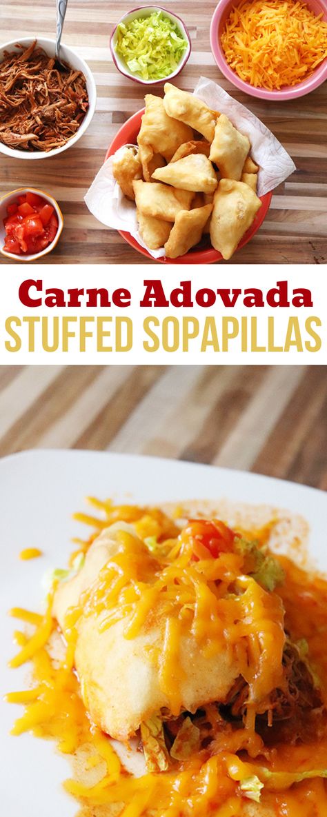 Holy cow - I can't stop craving these carne adovada stuffed sopapillas.  They're smothered in red chile and cheese -- mouthwatering! Stuffed Sopapilla Recipe Ground Beef, Stuffed Sopapillas New Mexico, Stuffed Sopapilla Recipe, Stuffed Sopapillas, Adovada Recipe, Snack Truck, Hatch Green Chili Recipe, Sopapilla Recipe, Carne Adovada