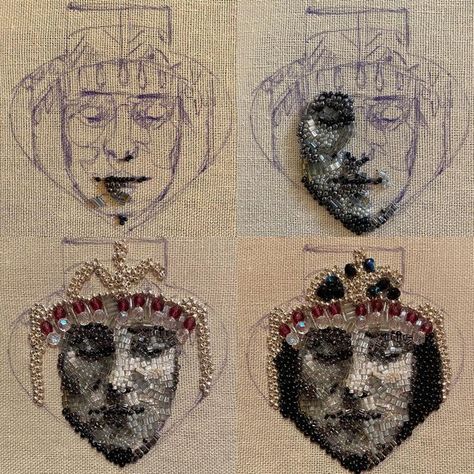 Bead Embroidery Portrait, Beaded Hand Embroidery, Embroidery Beads Tutorial, Beads Embroidery Patterns, Broidery Pattern, Drawing Embroidery Patterns, Embroidery Beads Designs, Beaded Portraits, How To Bead Embroidery