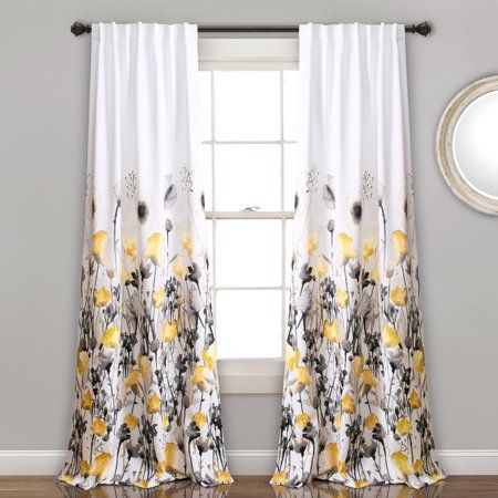 Zuri Flora Room Darkening Window Curtains make an absolutely stunning addition to any room in the home. The pattern resembles a lush, flourishing flower garden with blooms growing up the curtain panels from the bottom. Printed on light blocking fabric. Size: 95 inch x 52 inch. Color: Yellow. Pattern: floral. Material: polyester. Yellow Gray Room, Tab Curtains, Curtain Room, Floral Room, Lush Decor, Grey Room, Thermal Curtains, Rod Pocket Curtain Panels, Room Darkening Curtains