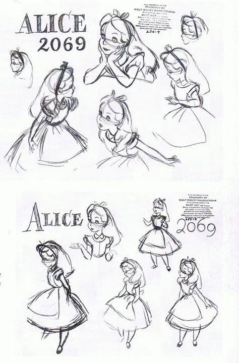 Model sheet for Alice from Disney's Alice in Wonderland Disney Concept Art, Doodle Animation, Disney Art Style, Foto Disney, 디즈니 캐릭터, Character Model Sheet, Disney Art Drawings, Model Sheet, Disney Sketches