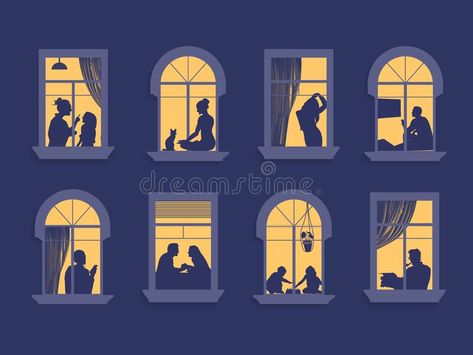 People In Windows Illustration, Silhouette In Window, Window Illustration Drawing, Apartment Illustration, Windows Illustration, Window Apartment, Window Cartoon, Illustration Scene, Home Silhouette