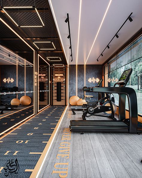 home gym on Behance Fitness Room Design Home, Home Studio Gym, Industrial Design Gym, Gym Interiors Modern, Gym Aesthetic Interior Design, Gym Designs For Home, Modern Home Gym Interior Design, Luxury Home Gym Mansions, Modern Gym Design Interior