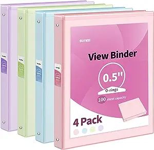 SUNEE 3 Ring Binder 1/2 Inch 4 Pack, Clear View Binder Three Ring PVC-Free (Fit 8.5x11 Inches) for School Binder or Office Binder Supplies, Assorted Pastel Binder Pastel, Binder Covers, 2 Inch Binder, 1 Inch Binder, Small Binder, School Must Haves, Binder Rings, School Binder, Back To School Essentials