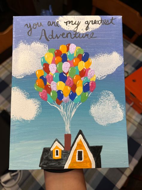 Up Disney Painting, Canvas Painting Ideas For Love, Canvas Painting Ideas For Husband, Adventure Is Out There Painting, Canvas Disney Painting Ideas, Easy Canvas Art Disney, Up Acrylic Painting Disney, Cute Disney Paintings On Canvas, Up House Painting Disney Easy