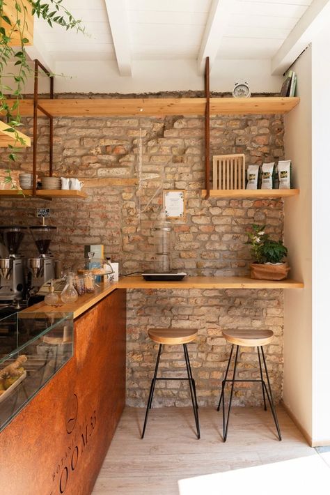 Small Cafe Lighting, Rustic Chic Restaurant Design, Brick Wall Coffee Shop, Bar And Restaurant Design Interiors, Eco Friendly Coffee Shop, Small Pizzeria Design Interior, Mini Cafe Design Interiors, Tiny Coffee Shop Design, Small Coffee House
