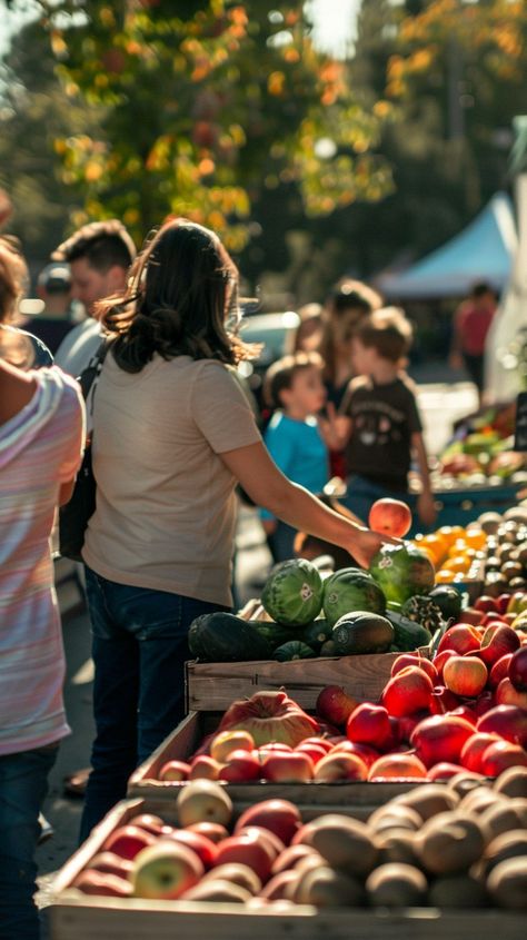 Farmers Market Day: Shoppers browse fresh produce at a bustling farmers market on a bright sunny afternoon. #market #fresh #produce #vegetables #fruits #shopping #local #community #aiart #aiphoto #stockcake https://ayr.app/l/yNBU Farmers Market Photography, Farmers Market Photoshoot, Emotion Video, Produce Market, Country Summer, Market Day, Local Farmers Market, Sunny Afternoon, Outdoor Market