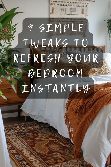 Need a quick bedroom refresh? Discover easy, impactful changes that can make a big difference. Click here for simple yet effective decorating tips! 🖼️🎨 #BedroomIdeas #HomeDecorating #QuickRefresh #BedroomTips #EasyUpdates Natural Main Bedroom Ideas, Ways To Make Bedroom Cozy, How To Decorate Big Bedroom, Bedroom Ideas For Women In 30's Cozy, Spare Bedroom Ideas Boho, Quick Bedroom Makeover, Update Bedroom On A Budget, How To Make A Large Bedroom Feel Cozy, Master Bedrooms Decor Relaxing