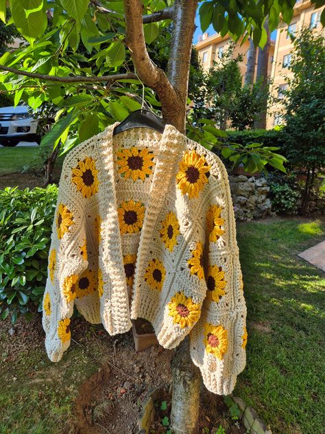 Hurry! Limited stock available. Sunflower Crochet Cardigan - Soft and Stylish Sweater, exclusively priced at $160.00 Don't miss out! #HandmadeCardigan #ColorfulDesigns #ChristmasGift #MotherDayGift #DaisySweater #CropCardigan #GiftForGirlfriend #CrochetCardigan #CropJacket #DaisyFlower Sunflower Crochet Cardigan, Crochet Sunflower Sweater, Sunflower Cardigan Crochet, Crochet Sunflower Cardigan, Sunflower Cardigan, Shifting Closet, Sunflower Crochet, Stylish Sweater, Crochet Sunflower