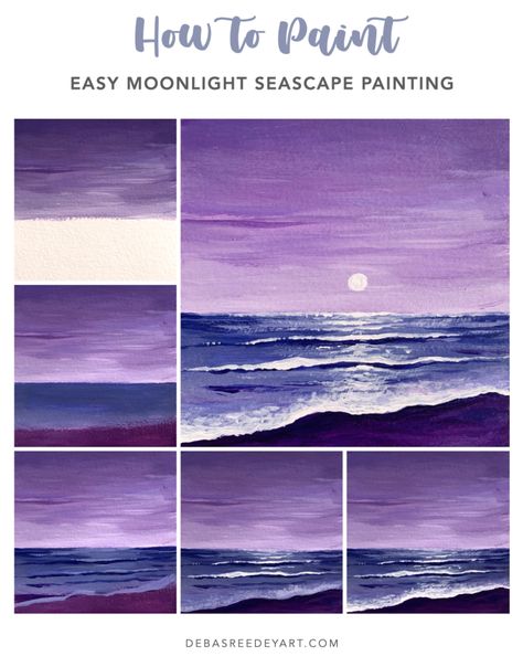 Easy Acrylic Seascape Painting, Scenary Paintings Acrylic, Simple Step By Step Painting, Loose Acrylic Painting Tutorials, Simple Oil Painting For Beginners, Step By Step Painting Acrylic For Beginners, Sea Painting Easy, Acrylic Jellyfish, Seascape Acrylic Painting