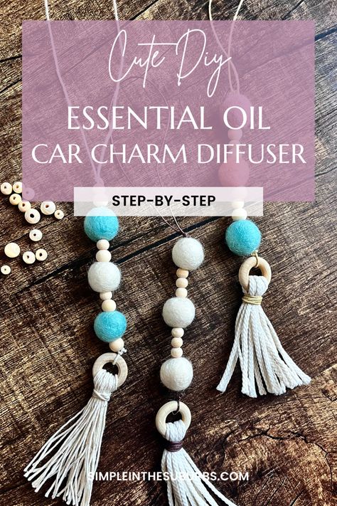 Picture of 3 car charm essential oil diffusers on wood table Make Your Own Car Air Freshener, Macrame Oil Diffuser Car, How To Make A Car Air Freshener, Diy Oil Diffuser Air Freshener, Macrame Car Defuser, Airfreshners For Car Diy, Felt Diffuser Diy, Wood Bead Car Diffuser Diy, Macrame Car Freshener