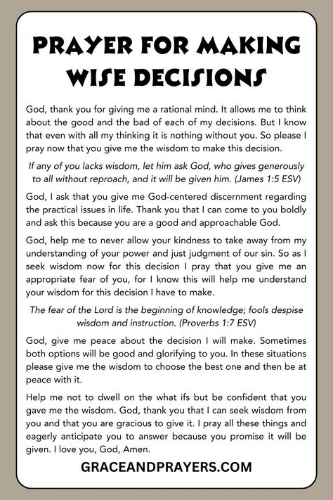 At the heart of every decision is the opportunity for growth and alignment with God's plan. Start this journey with a prayer for wisdom, asking for His light to guide your steps.  This prayer can be your foundation, helping you to choose paths that lead to spiritual growth and fulfillment, grounded in His eternal wisdom.  Discover more prayers for making wise decisions and living a life led by faith. Explore at Grace and Prayers. Prayer For Blessings And Opportunities, Prayer For Hair Growth, Prayer For Decision Making, Health Prayers, God Thoughts, Prayer For Wisdom, English Prayer, Angel Meditation, Prayer Inspiration