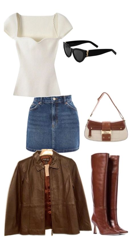 Cute white top and denim skirt with brown boots, brown bags and brown jacket with a cute sunglasses. For winter or autum, and sometimes even summer depending where you live. Dressy Outfits, Outfit With Brown Jacket, Shoe Hacks, Cute Winter Outfit, Downtown Outfits, Fits Aesthetic, Cute Winter Outfits, Mein Style, Brown Jacket