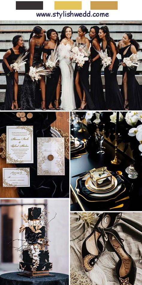 Wedding Theme Ideas Black And Gold, Good And Black Wedding, Fall Black Wedding Color Schemes, Black White And Gold Themed Wedding, Black Excellence Wedding Theme, Gold Black And White Wedding Theme, Black And Gold Wedding Inspiration, Black Gold And Beige Wedding, Wedding Colors Black And Gold