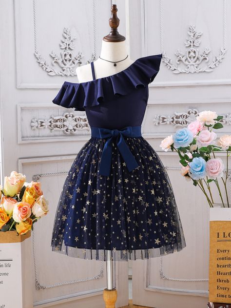 Navy Blue Party Collar Sleeveless  Galaxy  Embellished Medium Stretch  Tween Girls Clothing Navy Blue Outfit, Navy Blue Party, Belted Skirt, Moon Dress, Ruffle Trim Top, Shein Kids, Unicorn Dress, Semi Formal Dress, Birthday Girl Dress