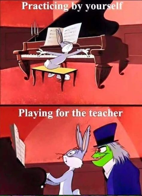 Bugs Bunny | Piano | Funny | Practicing by yourself vs Playing for the teacher | Cartoon Piano Memes, Piano Funny, Musician Memes, Piano Quotes, Teacher Cartoon, Musician Humor, Band Jokes, Music Jokes, Music Nerd