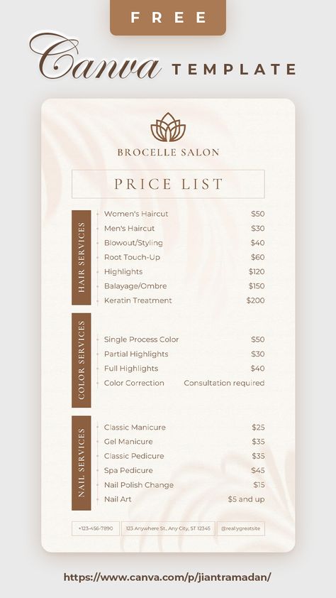 Beige and Brown Aesthetic Neutral Beauty Salon Price List Design Price List Design Salon Nails, Beauty Salon Menu Design, Salon Pricelist Design, Salon Menu Card Design, Menu List Design Ideas, Price List Design Makeup, Aesthetic Price List Template, Canva List Template, Price Template Design