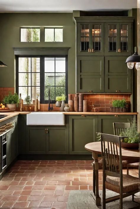 Detail of a rustic kitchen featuring terracotta tile backsplash paired with olive