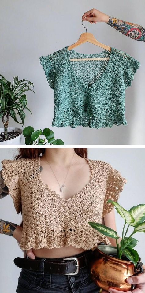 Crochet Top Patterns For Beginners, Easy Crochet Top, Modern Haken, Crochet Top Patterns, Crochet Crop Top Pattern, Mode Crochet, Crochet Ladies Tops, Top Patterns, Diy Vetement