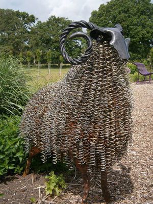 Spring Ram Garden Art Animals, Garden Metal Sculpture, Animal Metal Art, Metal Yard Sculptures, Metal Spring Art, Scrap Metal Sculpture Junk Art, Junk Art Ideas Recycling, Metal Yard Art Ideas, Junk Yard Art