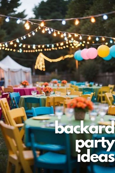 Unleash your creativity with DIY backyard party decorations. These easy-to-follow ideas will help you create a festive atmosphere that's both personal and budget-friendly. Party Setup Backyard, Colorful Backyard Party, 40th Birthday Outdoor Party Ideas, Backyard Setup For Party, Backyard Family Party, Backyard Concert Ideas, 30th Backyard Birthday Ideas, Simple Outdoor Party Decor, Diy Backyard Party Decorations