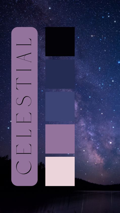 Celestial Color Palette by Felicity & Lilac Events Purple Night Sky Color Palette, Pastel Goth Colour Palette, Black And Purple Color Scheme, Purple Aesthetic Pallete, Lunar Eclipse Color Palette, Celestial Wedding Color Schemes, Psychic Color Palette, Galaxy Wedding Color Palette, Purple Silver Color Palette