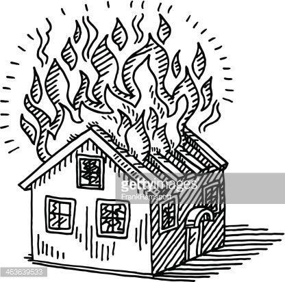 Hand-drawn vector drawing of a Burning House Disaster. Black-and-White sketch on a transparent background . Included files are EPS and Hi-Res JPG. House On Fire, Burning House, Fire Drawing, Mens Shoulder Tattoo, Building Drawing, Fire Tattoo, House Sketch, Home Tattoo, House Illustration