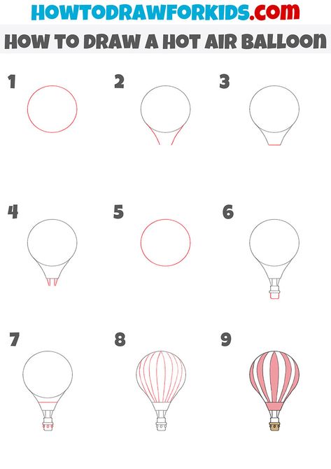 Hot Air Balloon Drawing Easy, How To Draw Hot Air Balloon Step By Step, Easy Hot Air Balloon Drawing, Air Ballon Draw, How To Draw A Hot Air Balloon Easy, How To Paint Hot Air Balloons, Hot Air Balloon Wall Painting, Simple Hot Air Balloon Drawing, Drawing Hot Air Balloons
