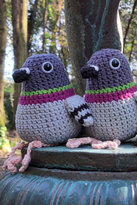 two crochet pigeons plushies sitting on a bronze statue Amigurumi Patterns, Crochet Flat Amigurumi Free Patterns, Pigeon Amigurumi Free Pattern, Crochet Pigeon Pattern, Pigeon Crochet Pattern Free, Pigeon Crochet Pattern, Crochet Pigeon Pattern Free, Pigeon Crochet, Crochet Pigeon