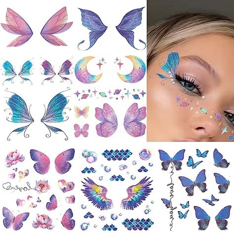 Makeup With Temporary Tattoo, Butterfly Face Stickers, Face Sticker Makeup, Butterfly Temporary Tattoo Makeup, Temporary Tattoo Butterfly, Butterfly Makeup Tattoo, Eye Makeup Stickers, Butterfly Sticker Makeup, Temporary Tattoo Eye Makeup