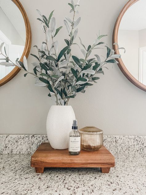 Bathroom Counter Soap Display, Bathtub Shelf Decor, Simple Bathroom Counter Organization, Eucalyptus Bathroom Theme, Bathroom Counter Tray Decor, Styling Bathroom Vanity, How To Style Bathroom Counter, Minimalist Bathroom Counter Decor, Small Tray Decor Ideas