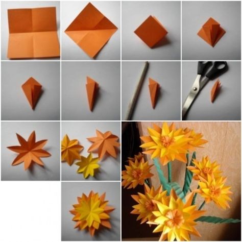 Here is step by step tutorial showing how to make Paper Marigold Flowers which make the perfect home decor for the Autumn season. Construction Paper Flowers, Origami Flowers Tutorial, Fall Paper Crafts, Diy Gifts Cheap, Origami Diy, Flower Step By Step, Diy Flores, Autumn Paper, Paper Craft Tutorials