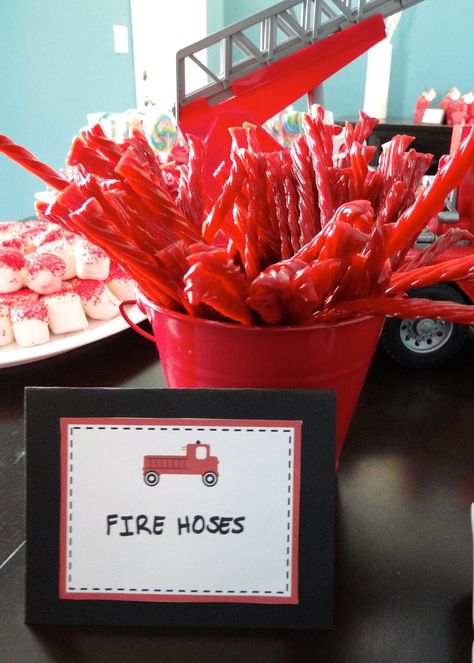 Great idea for firemen bachelor party.. ..to start with.. ...firetruck party food ideas "fire hoses" using licorce. Truck Birthday Party Ideas Decoration, Fire Truck Birthday Party Ideas, Birthday Party Ideas Decoration, Truck Birthday Party Ideas, Firefighter Baby Showers, Fire Truck Birthday Party, Fire Fighter Birthday Party, Fire Truck Birthday, Fireman Party