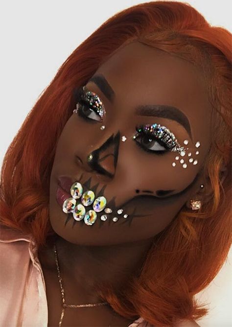 51 Creepy and Cool Halloween Makeup Ideas to Try in 2021 - Glowsly Makeup With Crystals, Black Halloween Makeup, Skeleton Face Makeup, Glitter Halloween Makeup, Half Skull Makeup, Revlon Matte Lipstick, Half Face Makeup, Skull Halloween Makeup, Creative Halloween Makeup