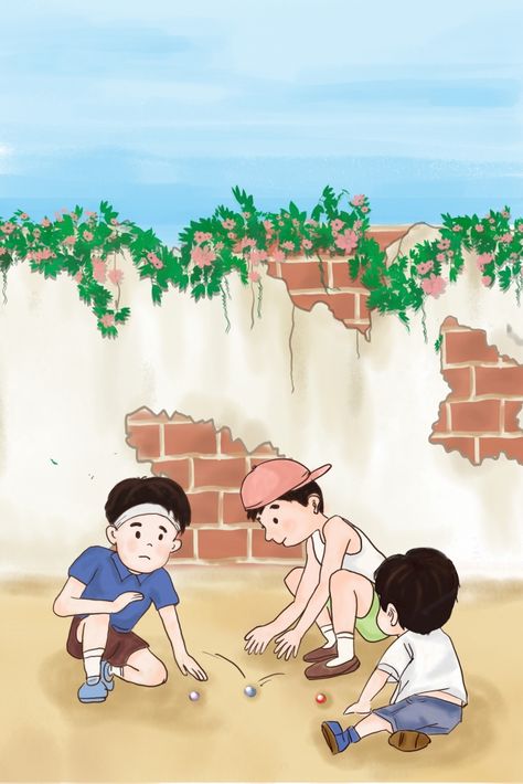 Childrens day childhood childhood memory children playing illustration image Childhood Art Memories, Children Playing Illustration, Playing Marbles, Village Scene Drawing, Memory Illustration, Childhood Memories Art, Childhood Images, Childrens Day, Childhood Art