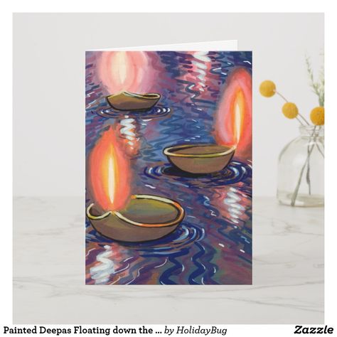 Painted Deepas Floating down the River Card Hindu Holidays, Floating Down The River, Diwali Painting, Hindu Festival Of Lights, Diwali Drawing, Drawing Sunset, Festival Paint, Cd Wall Art, Diwali Festival Of Lights