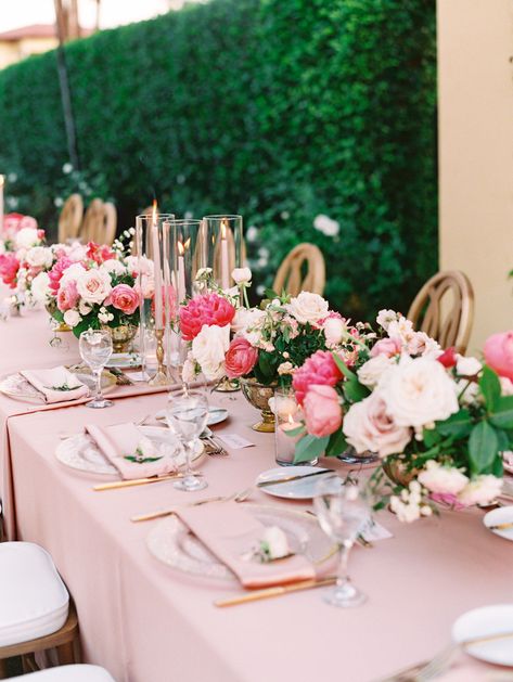 Pink Long Table Decor, Long Table Flower Centerpieces, Pink Floral Party Decor, Long Table Bridal Shower Decor, Pink Floral Decorations Party, Pink Flower Table Centerpieces, Pink Party Table Setting, Pink Buffet Table, Colorful Pink Wedding